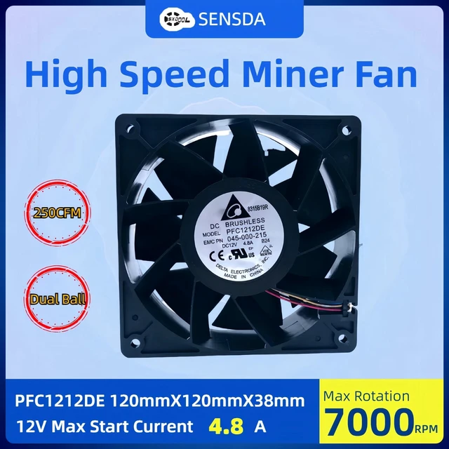 Alt view image 2 of 2 - PFC1212DE 12038 120x120x38mm DC12V 4.80A 7000RPM High CFM Axial Cooling Fan, 120mm High Speed Fan Replacement for Antminer S7 S9 D3 L3 E9, Miner Cabinet Heat Dissipation Repair Spare Part