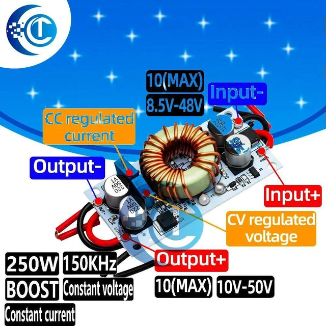 Main image of AJMRTC 1Pc 250W 10A DC-DC Boost Step-Up Module, Non-Isolated Constant Current Power Supply Board, Adjustable Voltage Step Up Converter for LED Driver, Mobile Power Bank & Electronic DIY Projects