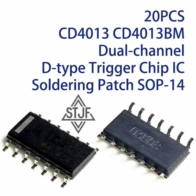 Main image of AJMRTC 20PCS CD4013 CD4013BM Dual D-Type Flip-Flop IC Chip, SOP-14 Surface Mount Patch Dual-Channel Trigger for Electronic Circuit Soldering, Logic Circuit and DIY Electronic Projects