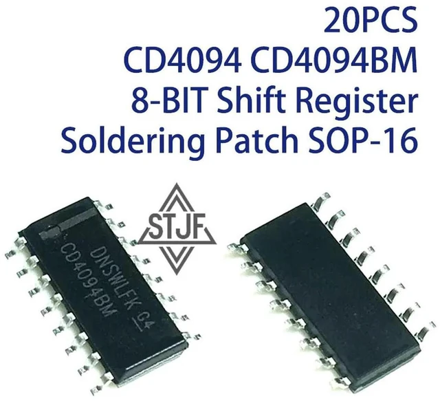 Main image of AJMRTC 20PCS CD4094 CD4094BM 8-Bit Shift Register Latch IC, SOP-16 SMD Surface Mount, 3-State Output Serial to Parallel Converter Chip for Electronic Circuit Projects & PCB Design