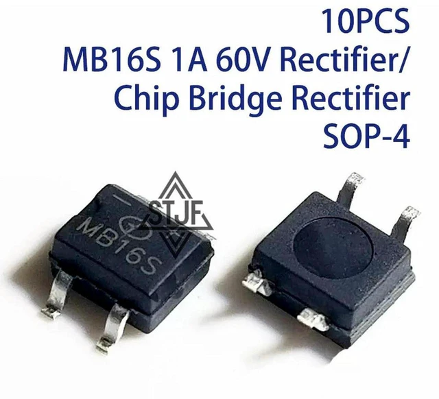 Main image of AJMRTC 10PCS MB16S Bridge Rectifier Chip SOP-4, 1A 60V Full Wave Single Phase Rectifier Diode, Surface Mount Rectifier for AC to DC Power Conversion, Circuit Repair & Electronic DIY Projects