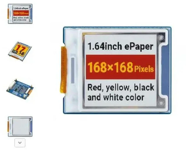 Alt view image 2 of 3 - AJMRTC 1.64inch e-Paper Module (G), Square 4-Color E-Ink Display Module, 168×168 Resolution, Red Yellow Black White E-Paper Screen, SPI Low Power Display for Embedded & IoT Projects