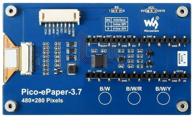 Alt view image 3 of 3 - AJMRTC Pico-ePaper-3.7, 3.7inch E-Paper E-Ink Display Module for Raspberry Pi Pico, 480×280 Black White 4 Grayscale SPI Screen, Ultra Low Power E-Ink Panel for IoT, Electronic Tags & Maker Projects