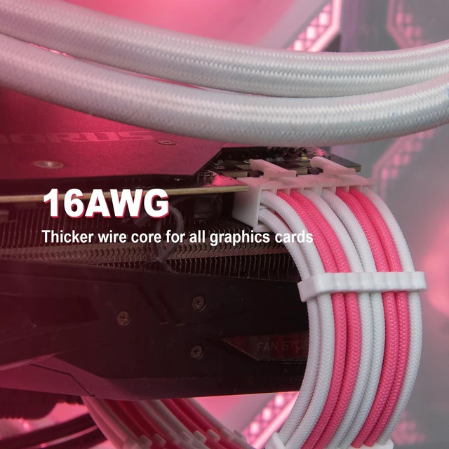 Alt view image 4 of 7 - AJMRTC 5PCS PSU Extension Cable Kit, Custom Sleeved Power Supply Mod Cables, 16AWG 24Pin ATX, 2×8(4+4) EPS CPU, 2×8(6+2) PCIe GPU, Pink & White for Desktop PC Modding
