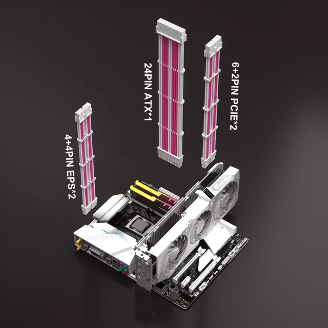 Alt view image 3 of 7 - AJMRTC 5PCS PSU Extension Cable Kit, Custom Sleeved Power Supply Mod Cables, 16AWG 24Pin ATX, 2×8(4+4) EPS CPU, 2×8(6+2) PCIe GPU, Pink & White for Desktop PC Modding