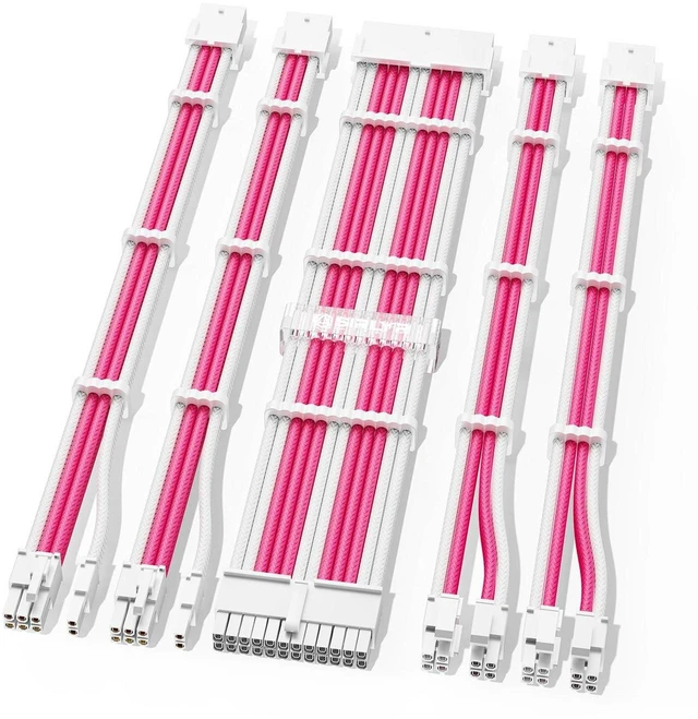 Main image of AJMRTC 5PCS PSU Extension Cable Kit, Custom Sleeved Power Supply Mod Cables, 16AWG 24Pin ATX, 2×8(4+4) EPS CPU, 2×8(6+2) PCIe GPU, Pink & White for Desktop PC Modding
