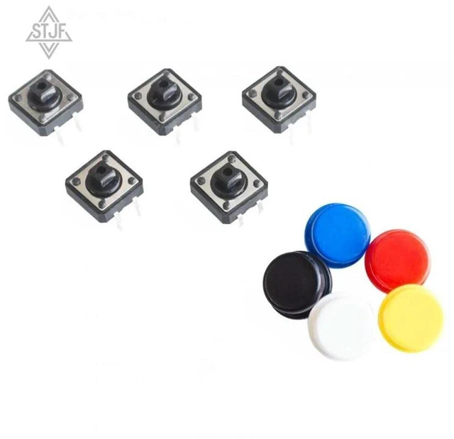 Main image of AJMRTC 20Pcs 12*12*7.3MM Momentary Tactile Push Button Switches, Micro Tact Buttons with 20Pcs 5 Colors Tact Caps for PCB Circuit DIY Electronic Projects