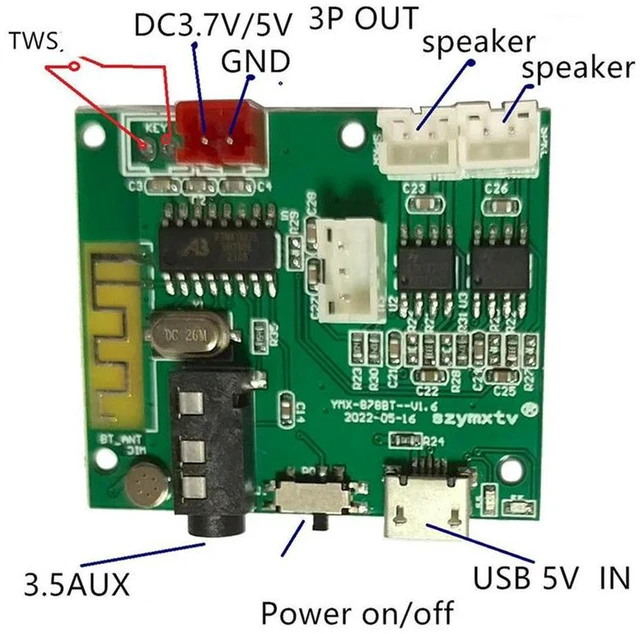 Alt view image 3 of 3 - AJMRTC 2X Multifunction Bluetooth 5.2 Audio Amplifier PCBA Board, 5V 5W+5W TWS Stereo Power Amp Module with 3.5mm AUX Input for Speaker DIY Audio Project