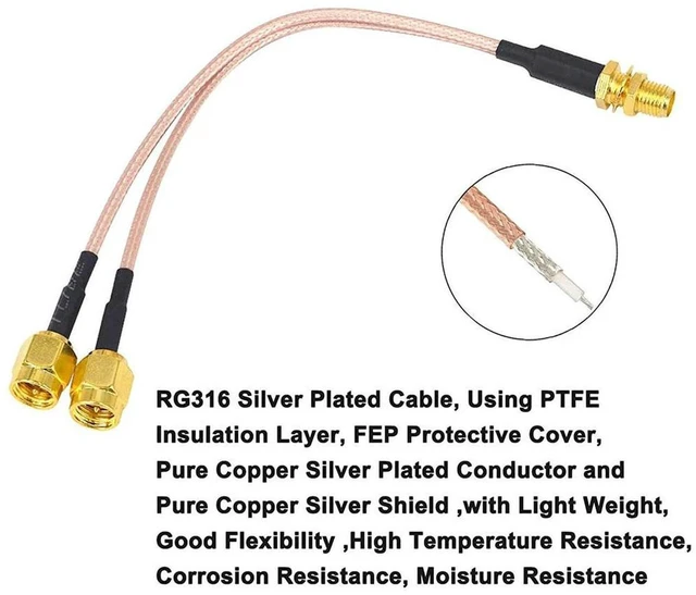 Alt view image 2 of 3 - AJMRTC SMA Female to 2XSMA Male Y-Type Splitter Combiner Pigtail Cable, RG316 Coaxial Extension Cord, Straight Connector Antenna Splitter Cable for RF Wireless Antenna