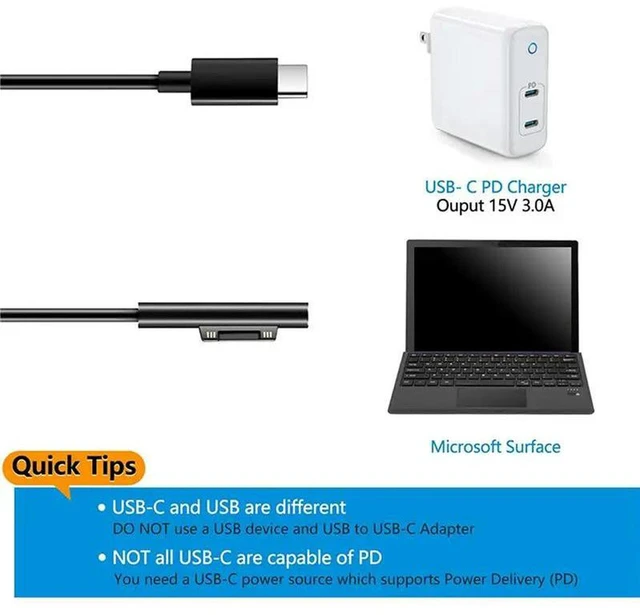 Alt view image 3 of 3 - AJMRTC 3Pack Surface Connect to USB C PD Charging Cable, 45W 15V/3A Power Cord Compatible with Microsoft Surface Pro 3/4/5/6/7, Surface Laptop 1/2/3, Surface Go, Works with USB-C PD Charger & PD Power
