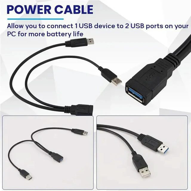 Alt view image 3 of 3 - AJMRTC Black USB 3.0 Female to Dual USB Male Y Extension Cable, Extra Power & Data Y Cord for 2.5 Inch Portable External Mobile Hard Disk Drive