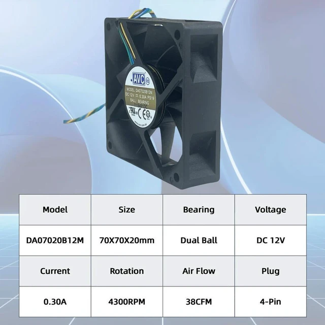 Alt view image 3 of 3 - AJMRTC 70mm CPU Mute Cooling Fan AVC DA07020B12M, 7020 70X70X20mm DC12V 4Pin 4-Wire PWM Dual Ball Bearing Axial Fan, Silent Replacement Fan for PC CPU and Computer Chassis Cooling