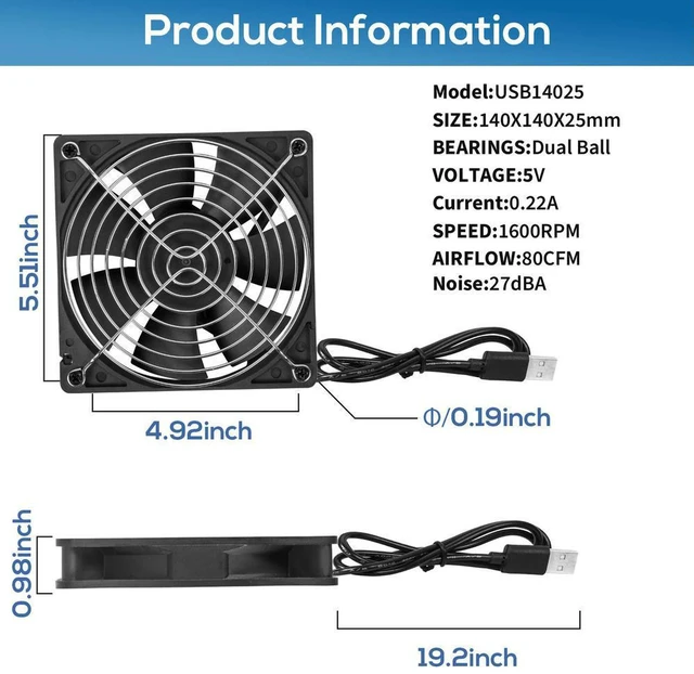 Alt view image 2 of 3 - AJMRTC 140mm USB PC Case Cooling Fan, 14cm 140x140x25mm DC 5V Ball Bearing Fan for Desktop Laptop CPU Gaming Chassis, Low Noise High Airflow Computer Cooler
