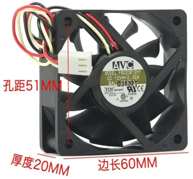 Main image of AJMRTC Replacement 6020 Axial Cooling Fan for AVC F6020B12HY, 60×60×20mm 6CM DC12V 0.32A, Dual Ball Bearing with Tachometer Speed Measurement for Chassis, Server, Industrial Equipment Heat Dissipation