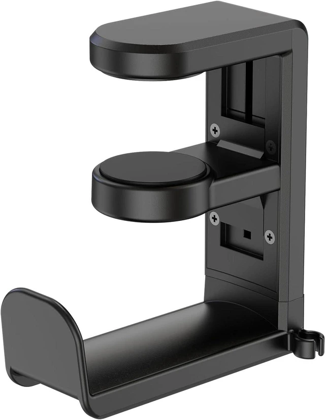 Main image of AJMRTC Rotating Headphone Stand, Adjustable Clamp-on Headset Holder Hanger with Cable Clip, Under Desk Hook Mount for Gaming Headphones, PC, Office, Black