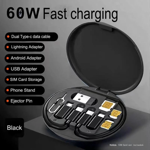 Alt view image 4 of 7 - AJMRTC Multifunctional USB C Data Cable Kit, 60W PD Fast Charging, Type C to USB A/Micro USB/Lightning Adapters, SIM Card Storage, 12 Inch Short Cable, Black