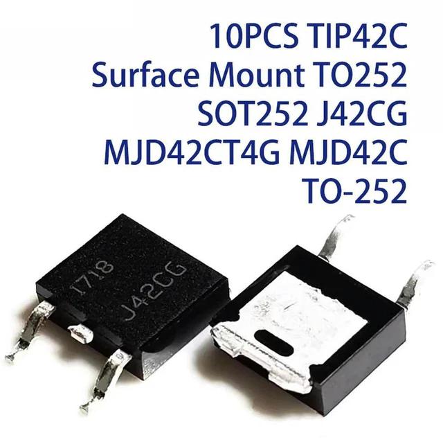 Main image of AJMRTC 10Pcs MJD42C TIP42C SMD Transistor, TO-252 SOT252 Package, J42CG MJD42CT4G PNP Bipolar Power Transistor, Surface Mount Semiconductor Chip for Electronic Circuit & DIY Projects