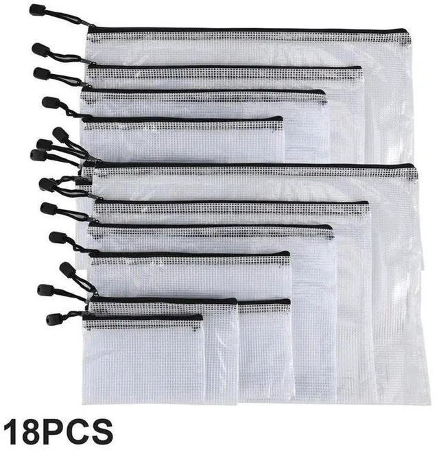 Main image of AJMRTC 18Pcs Mesh Zipper Pouch Document Bags, 8 Assorted Sizes Waterproof Plastic Zip File Folders, Multipurpose Reusable Zipper Storage Pouches for Office, Home, School, Travel Document & Supplies