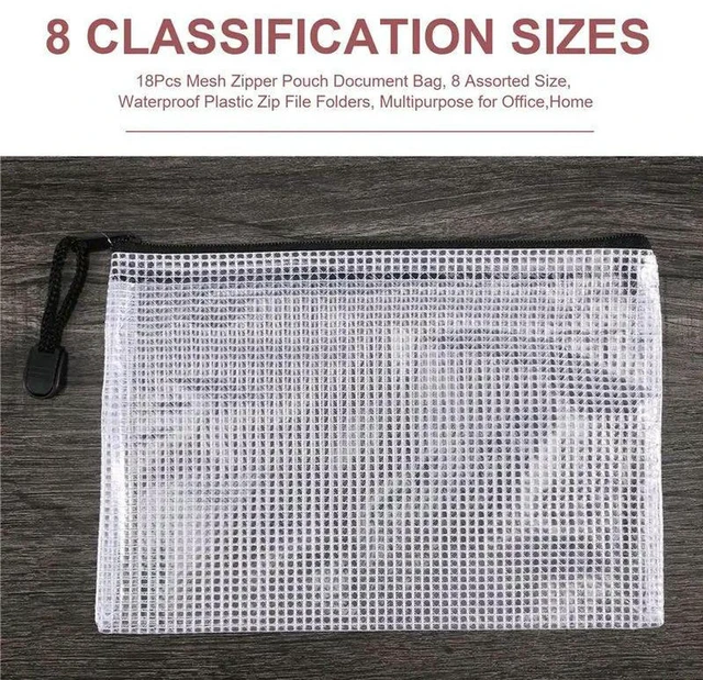 Alt view image 3 of 3 - AJMRTC 18Pcs Mesh Zipper Pouch Document Bags, 8 Assorted Sizes Waterproof Plastic Zip File Folders, Multipurpose Reusable Zipper Storage Pouches for Office, Home, School, Travel Document & Supplies