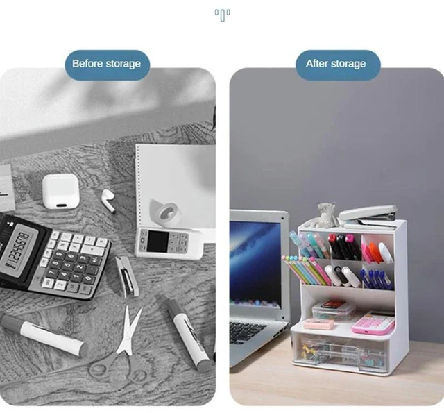 Alt view image 3 of 3 - AJMRTC Desk Organizer Pen Holder, Pencil Stationery Rack with 7 Compartments and 1 Pull-out Drawer, Desktop Storage Caddy for School, Dormitory and Office Supplies