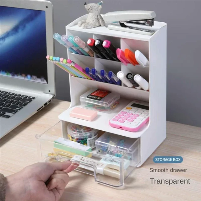 Alt view image 2 of 3 - AJMRTC Desk Organizer Pen Holder, Pencil Stationery Rack with 7 Compartments and 1 Pull-out Drawer, Desktop Storage Caddy for School, Dormitory and Office Supplies