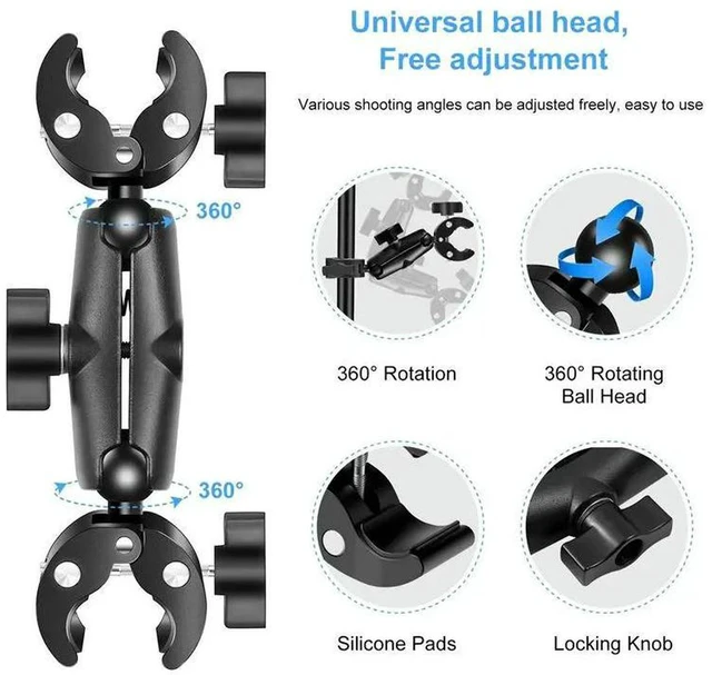 Alt view image 2 of 3 - AJMRTC Motorcycle Dual-Head Crab Clamp Camera Mount, Bike Handlebar Holder Bracket with Dual Heads, Action Camera Clamp Mount Compatible for GoPro Sports Cameras, Cycling & Motorbike Shooting Accessor