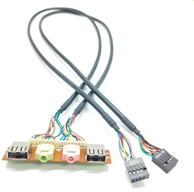 Main image of AJMRTC 2-Port USB 2.0 + 3.5mm HD Audio Motherboard Front Panel I/O Extension Cable, 9Pin Dual USB Internal Chassis Connector, 75x22mm PC Case Host Front Panel Interface Bracket