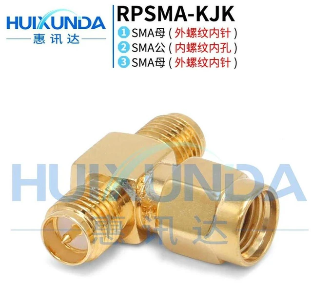 Main image of AJMRTC RPSMA-KJK SMA Reverse Polarity Tee Adapter, SMA External Thread Pin to Internal Thread Hole to External Thread Pin, 3-Way RPSMA-KJK T-Type RF Coaxial Connector for Antenna Signal Splitting