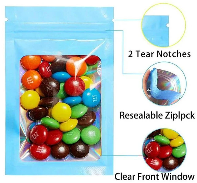 Main image of AJMRTC 300Pcs Resealable Holographic Mylar Bags, Smell Proof Ziplock Pouches with Clear Window, Airtight Storage Bags for Food, Snacks, Party Favors, Small Business Product Packaging