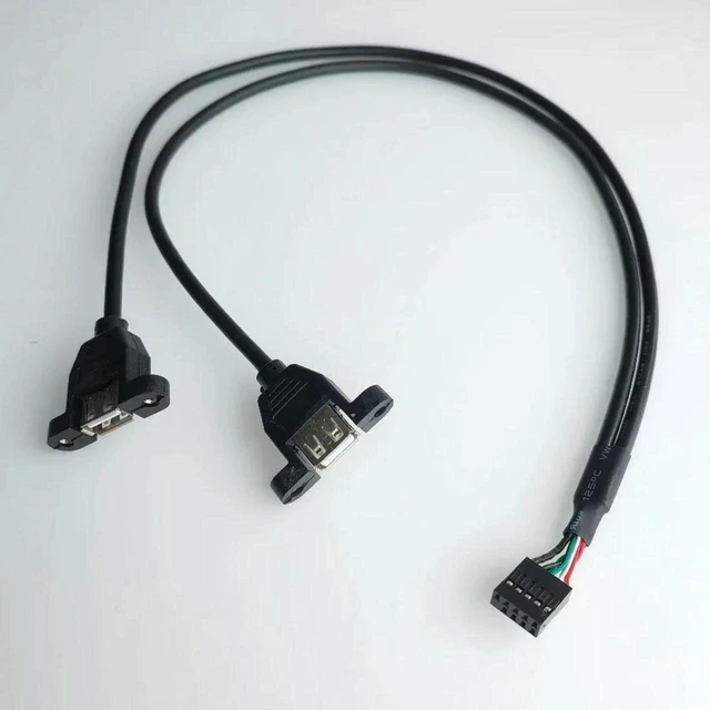 Main image of AJMRTC 9Pin to 2-Port USB 2.0 Panel Mount Motherboard Extension Cable, Dupont 2.54mm Pitch Header with Mounting Screws, 50cm Internal Data Cord for PC Case Front Panel Modification