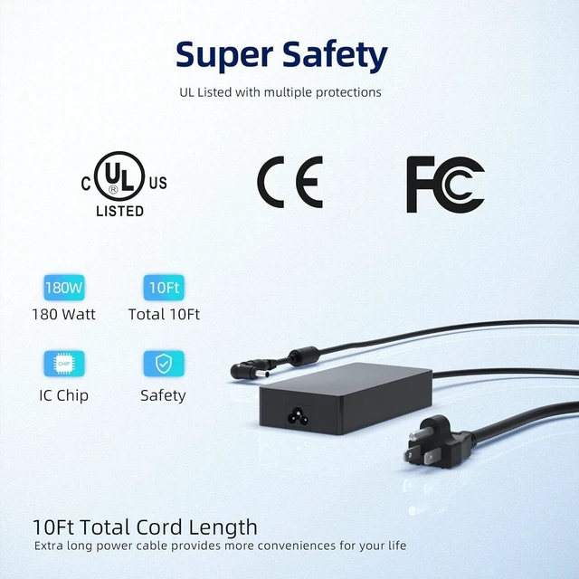 Alt view image 7 of 7 - 180W 150W AC Adapter Laptop Charger Replacement for MSI Stealth 15 A13VF, Prestige 16 Studio A13VF A13VE, CreatorPro M16 A12UJS, Bravo 15 B7ED Gaming Laptop, UL Listed Power Supply with Cord