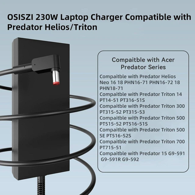 Alt view image 3 of 7 - 230W Gaming Laptop AC Adapter Charger Replacement for Acer Predator Helios Neo 300 16 18 PHN16-71 PHN16-72 PHN18-71 PHN14-51, Nitro 16 17 V16 V17 16" AI AN17 AN16, 5.5*1.7mm Power Supply Cord