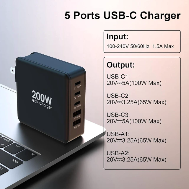 Alt view image 4 of 7 - 200W USB C Charger, 5-Port GaN Fast Charger Station, PD100W USB C Desktop Charger Block Compatible with iPhone 16 15, MacBook Pro/Air, Galaxy S24 S23, Laptops, Tablets and Multiple Devices