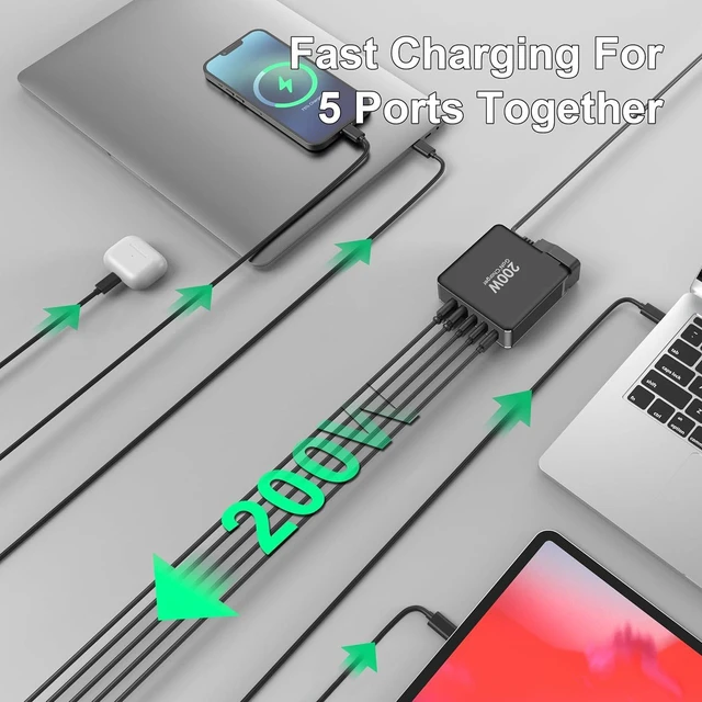 Alt view image 6 of 7 - 200W USB C Charger, 5-Port GaN Fast Charger Station, PD100W USB C Desktop Charger Block Compatible with iPhone 16 15, MacBook Pro/Air, Galaxy S24 S23, Laptops, Tablets and Multiple Devices