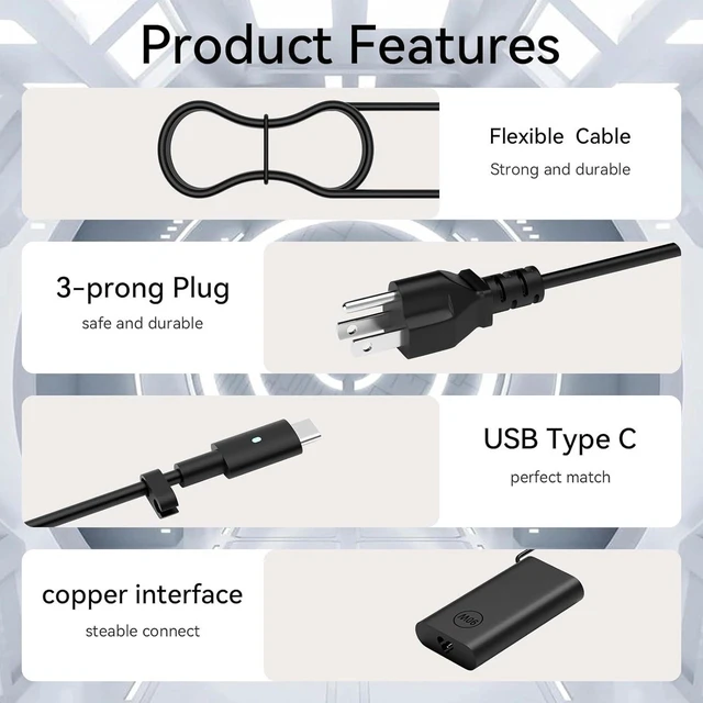 Alt view image 6 of 6 - 90W USB Type-C Laptop Charger AC Adapter for HP Envy 17.3 Inch 17t-cr1xx 17t-cr100 17-cr1xxx 17-cr1000 Notebook, PD Type C Replacement Power Supply with USB-C Cable