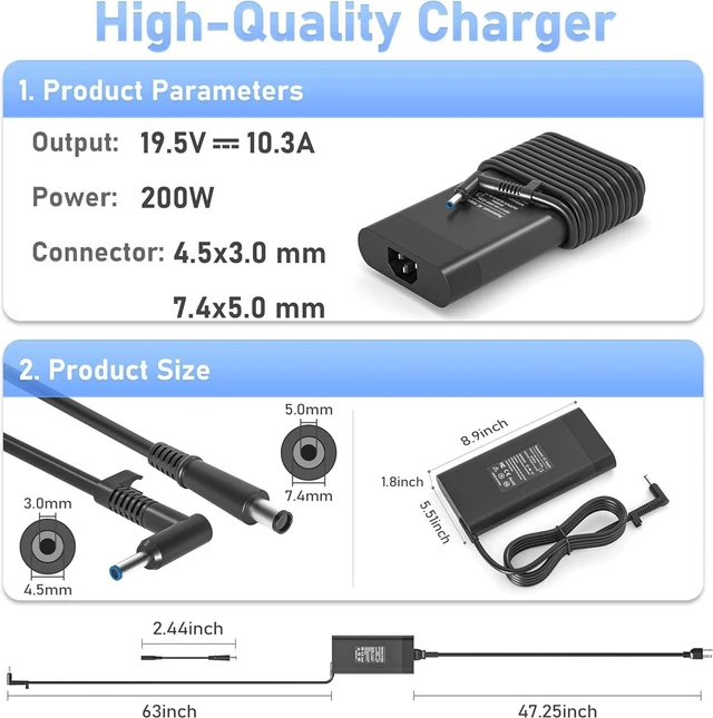 Alt view image 4 of 7 - 200W Laptop Charger AC Adapter for HP Omen 15 17, Victus Pavilion Gaming 15 17, ZBook 17 G5 G6 Fury G10 G9 Create G7 Studio G10 G9, TPN-DA10 L00818-850 Envy 15 15u Notebook Replacement Power Supply