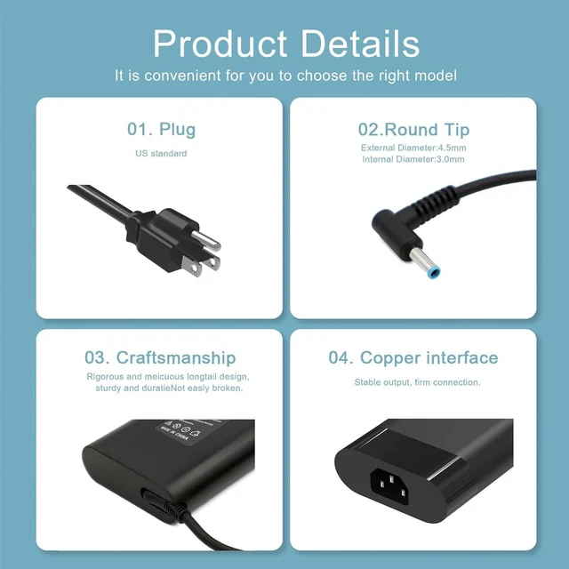 Alt view image 6 of 7 - 200W Laptop Charger AC Adapter 19.5V 10.3A for HP Omen Pavilion 15 16 17 Gaming Notebook, ZBook 15 17 Fury Create Studio, Envy 15 2020, TPN-DA10 Replacement Power Supply with Power Cord