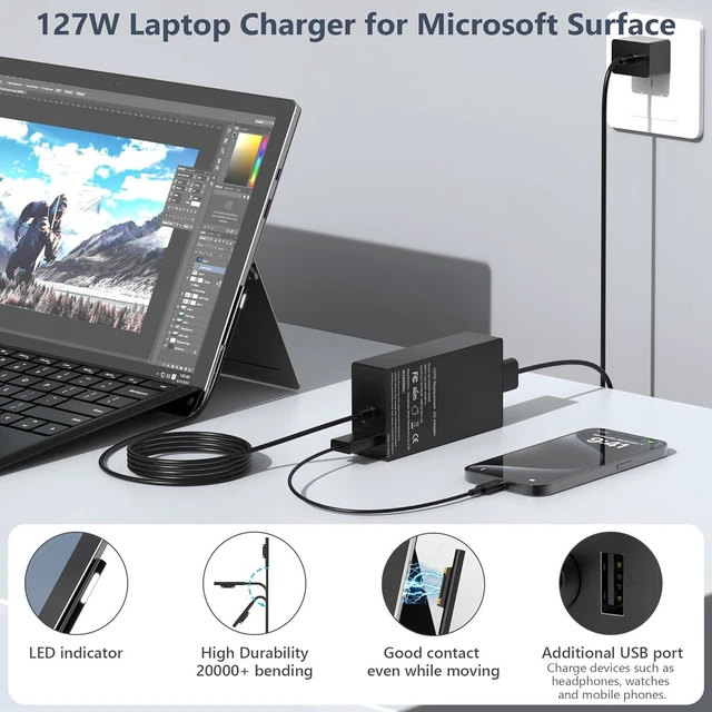 Alt view image 2 of 5 - 127W Surface Book 3 Laptop Charger, Compatible with 102W Microsoft Surface Book 1 2, Laptop Studio 1, Windows Surface Laptop Pro Go, Supports 44W 36W 65W, LED Indicator, 10FT Long Power Cord Replaceme