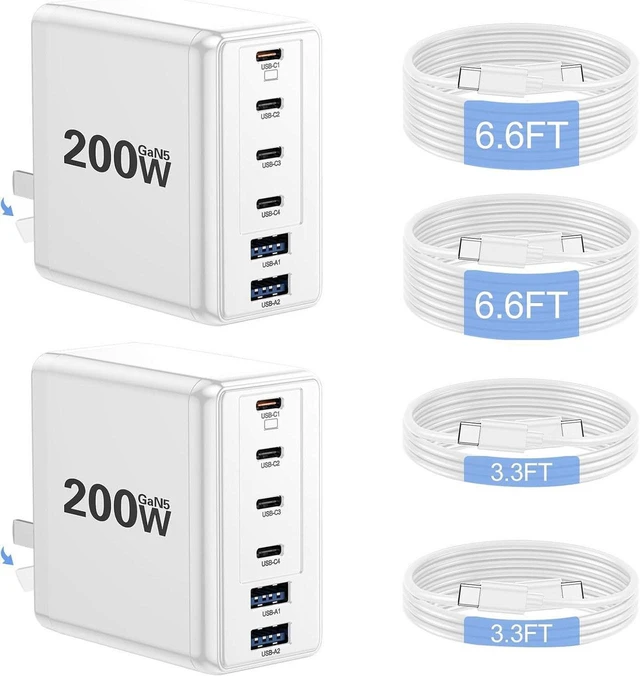 Main image of 2 Pack 200W USB C Wall Charger, 6-Port PD Fast Charging Block Power Adapter, Type C Laptop Charger for MacBook Pro, Dell XPS, iPhone 17, iPad, Tablet, Chromebook, Smartphones & More, White