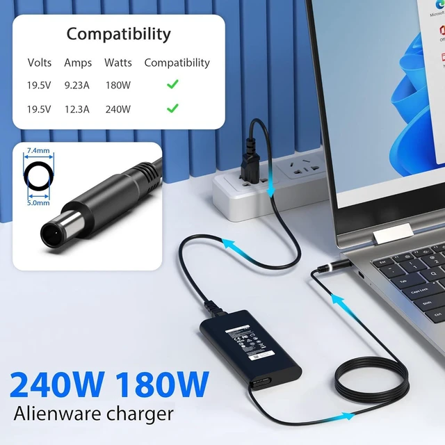 Alt view image 2 of 6 - 240W 180W 7.4mm Tip Laptop Charger for Dell Alienware & Precision Workstation, Replacement Power Adapter Cord Compatible with Alienware 13 15 17 R1 R2 R3 R4 X51 M17 M15 M17X M18X, Precision 17 7710 77