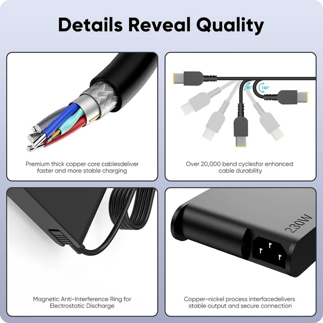 Alt view image 2 of 7 - 230W Laptop Charger Replacement for Lenovo Legion, AC Power Adapter Fit for Legion 5 7 5P C7 S7 Y540 Y545 Y740 Y730 Y900 Y910 Y920 Y7000 Y7000P, ThinkPad P15 P16 P73 P72 P71 P53 P52, LOQ 15IRX9