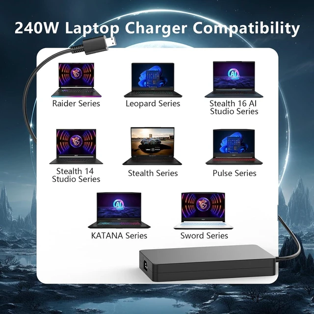 Alt view image 6 of 6 - 240W USB Tip Laptop Charger AC Adapter 20V 12A for MSI Stealth A16 16 17 AI+, GS77, GP76, Creator Pro A16 16 AI+, Z16, Z17 HX AI+, Replacement Power Supply for MSI Gaming & Creator Notebook