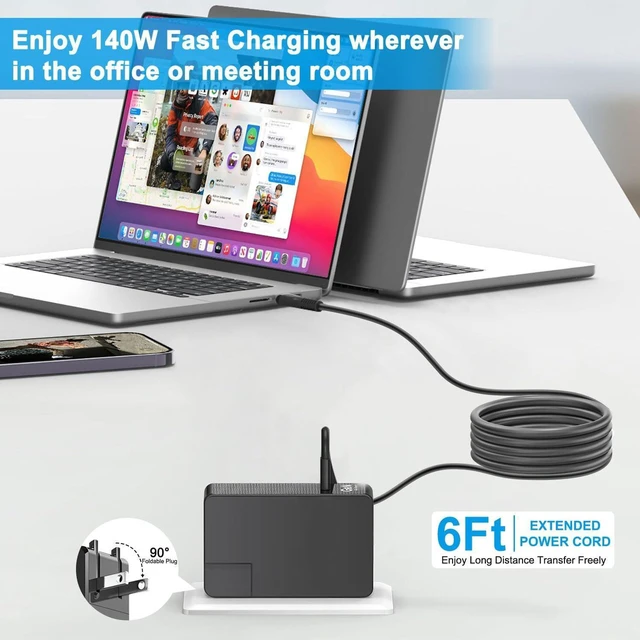 Alt view image 7 of 7 - HKY 140W GaN USB-C Charger PD3.1 Ultra Compact Power Adapter with 10Ft Cable for M4 MacBook Air Pro, Dell Lenovo MSI HP Gaming Laptop, Docking Station, Avalon Nano 3 BTC, Starlink Mini, Replacement