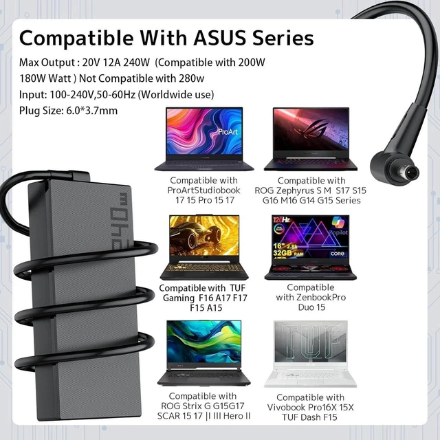 Alt view image 5 of 7 - 240W Laptop AC Charger Power Adapter for Asus ROG Strix Scar 17 G17 G533QS QR QM, ROG Zephyrus G14 G15 M16 S15 S17, TUF Gaming F15 F17 FX507VV A15 A17, Replacement ADP-240EB B Gaming Notebook Power