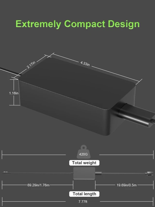 Alt view image 2 of 7 - 127W 102W Surface Laptop Charger AC Power Adapter for Microsoft Surface Laptop Studio Go 1 2 3, Book 1 2 3, Laptop 7 6 5 4 3 2 1, Surface Pro 10 9 8 7 7+ 6 5 4 3 X, Replacement Windows Tablet Notebook