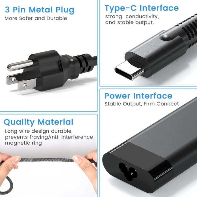 Alt view image 3 of 7 - 110W USB-C Laptop Charger PD Power Adapter for HP ZBook Firefly 16 G9 G10, EliteBook 865 G9 860 G10, Dragonfly Pro, Chromebook 14 Ceramic White, Elite Dragonfly G3, Replacement USB Type C Notebook PC