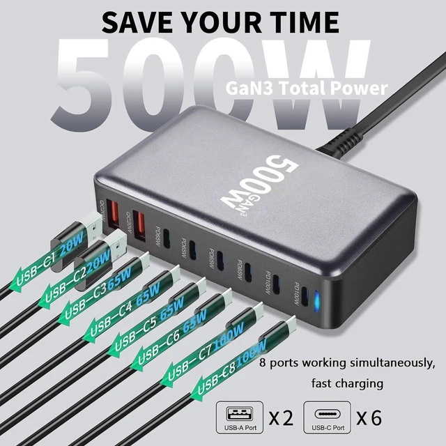Alt view image 7 of 7 - 500W 8-Port USB C Fast Charging Station Hub, PD PPS 100W Multi Port Wall Charger Brick for Multiple Devices, Compatible with MacBook Pro Air, iPad, iPhone 16 15, HP Dell Lenovo Acer Laptops and More