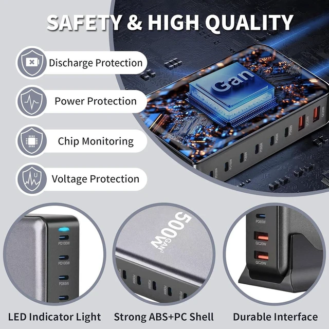 Alt view image 2 of 7 - 500W 8-Port USB C Fast Charging Station Hub, PD PPS 100W Multi Port Wall Charger Brick for Multiple Devices, Compatible with MacBook Pro Air, iPad, iPhone 16 15, HP Dell Lenovo Acer Laptops and More
