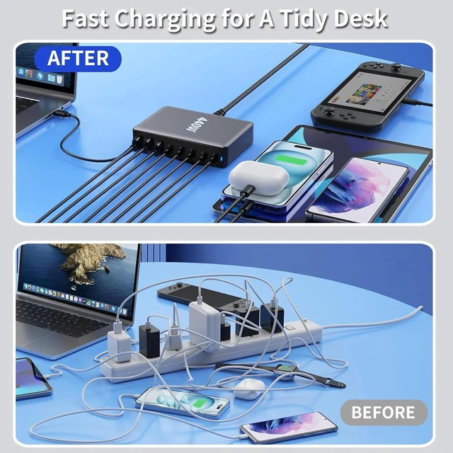 Alt view image 4 of 7 - 500W 8-Port USB C Fast Charging Station Hub, PD PPS 100W Multi Port Wall Charger Brick for Multiple Devices, Compatible with MacBook Pro Air, iPad, iPhone 16 15, HP Dell Lenovo Acer Laptops and More