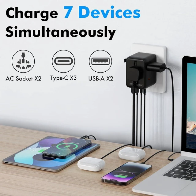 Alt view image 4 of 7 - 7 in 1 Worldwide Travel Adapter with GaN 45W, 2 USB-A 15W, 3 USB-C 45W, 2 AC Outlets, Safety Certified International Plug Converter, Universal Charger for Laptop Phone Camera, Fits US EU UK AU Travel